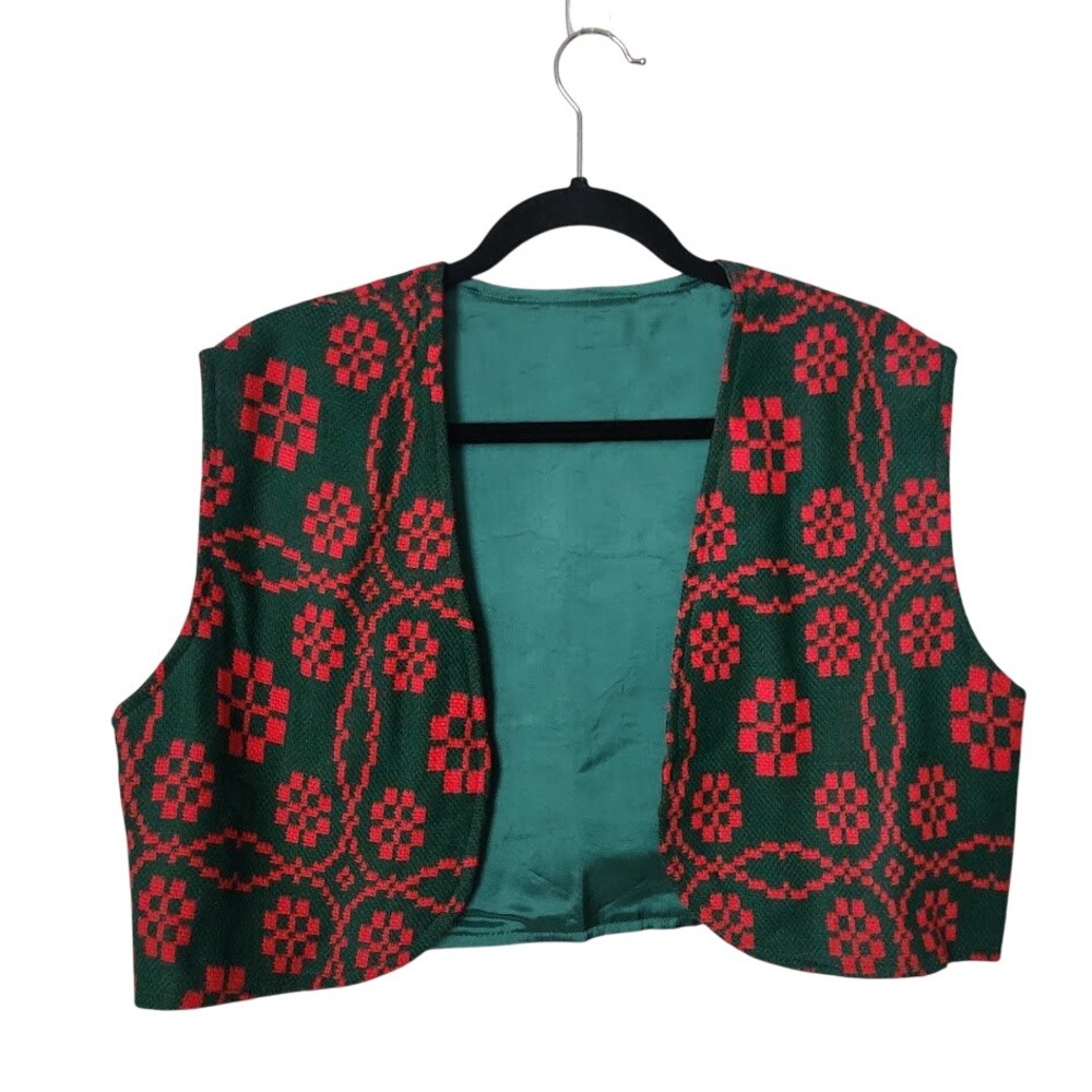 VINTAGE Handwoven Cross Stitch Crop Vest Red Green Geometric Whimsigoth Folk Art